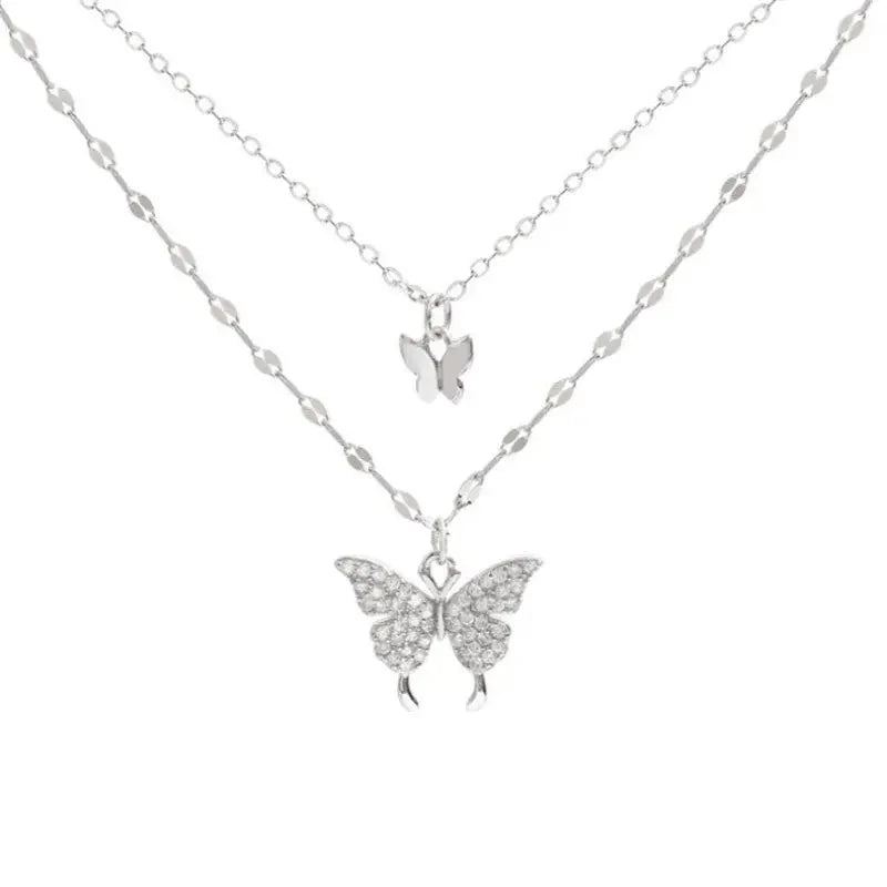 Double Layers Necklace with Butterfly Pendant 1002