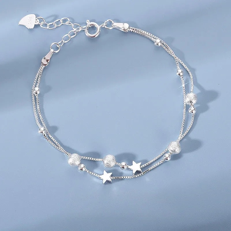 Luxury 925 Sterling Silver Star Beaded Bracelets For Women Original Designer Double Layered Adjustable Bracelet Party Jewelry 916