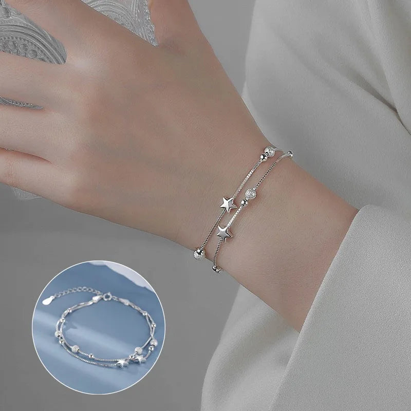 Luxury 925 Sterling Silver Star Beaded Bracelets For Women Original Designer Double Layered Adjustable Bracelet Party Jewelry 916