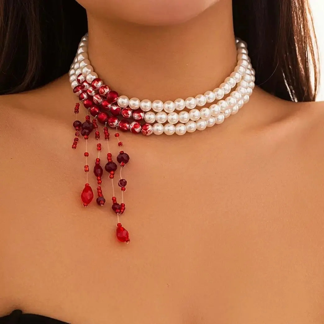 Halloween Vintage Multilayer Pearl with Crystal Red Blood 949