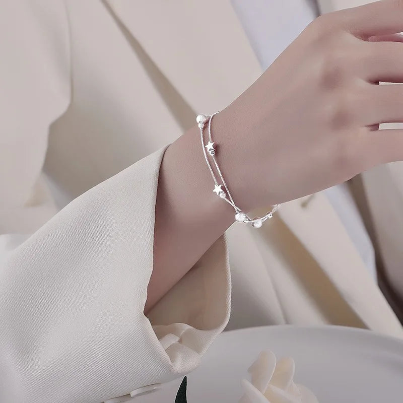 Luxury 925 Sterling Silver Star Beaded Bracelets For Women Original Designer Double Layered Adjustable Bracelet Party Jewelry 916