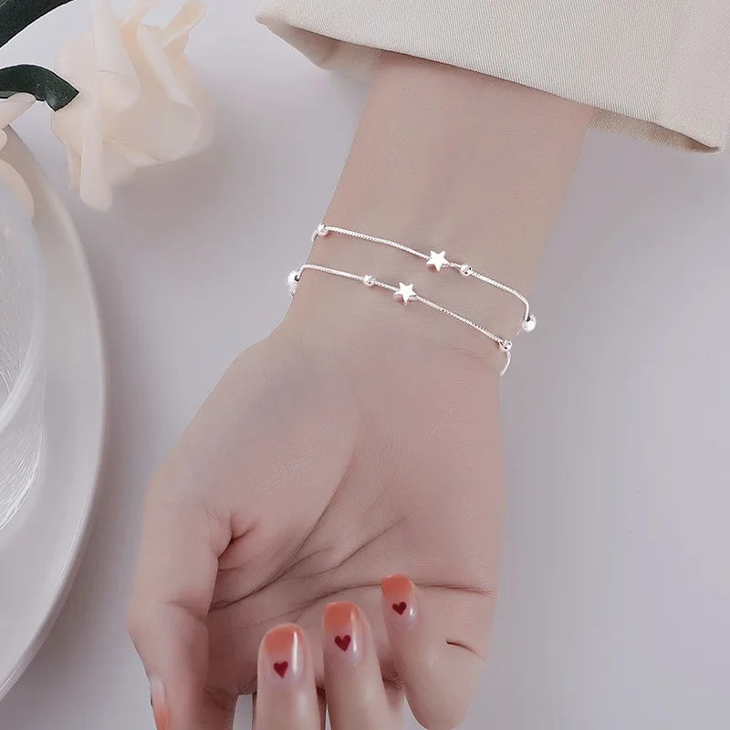 Luxury 925 Sterling Silver Star Beaded Bracelets For Women Original Designer Double Layered Adjustable Bracelet Party Jewelry 916
