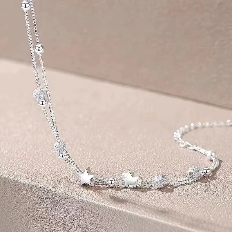 Luxury 925 Sterling Silver Star Beaded Bracelets For Women Original Designer Double Layered Adjustable Bracelet Party Jewelry 916