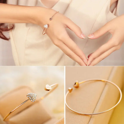 Hot New Fashion Adjustable Crystal Double Heart Bow Bilezik Cuff Opening Bracelet Women Jewelry Gift Girl Mujer Pulseras 927