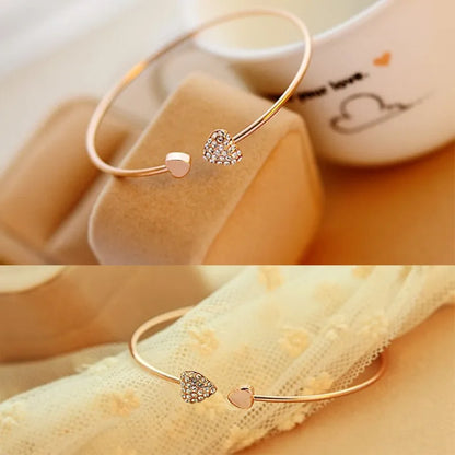 Hot New Fashion Adjustable Crystal Double Heart Bow Bilezik Cuff Opening Bracelet Women Jewelry Gift Girl Mujer Pulseras 927