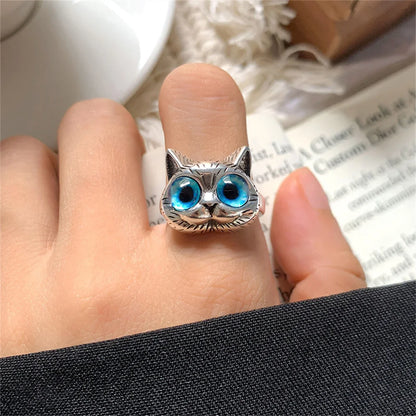 Fashion Halloween Silver Color Fat Cat Blue Eyes Cute Ring For Men Retro Blue Acrylic Couple Ring Women Party Jewelry Wholesale