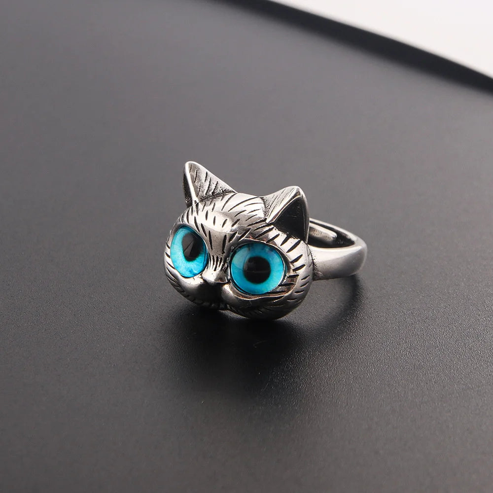 Fashion Halloween Silver Color Fat Cat Blue Eyes Cute Ring For Men Retro Blue Acrylic Couple Ring Women Party Jewelry Wholesale