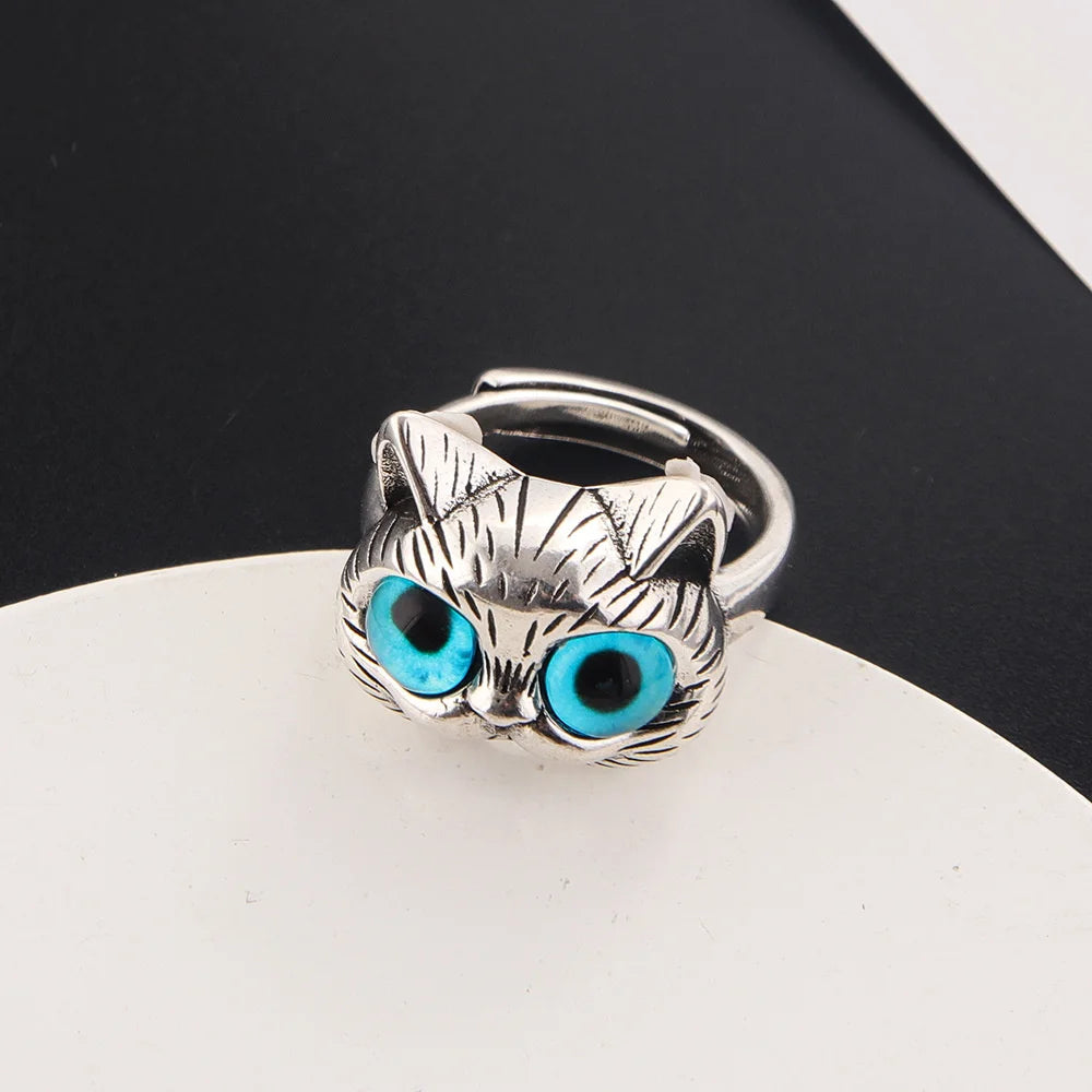 Fashion Halloween Silver Color Fat Cat Blue Eyes Cute Ring For Men Retro Blue Acrylic Couple Ring Women Party Jewelry Wholesale