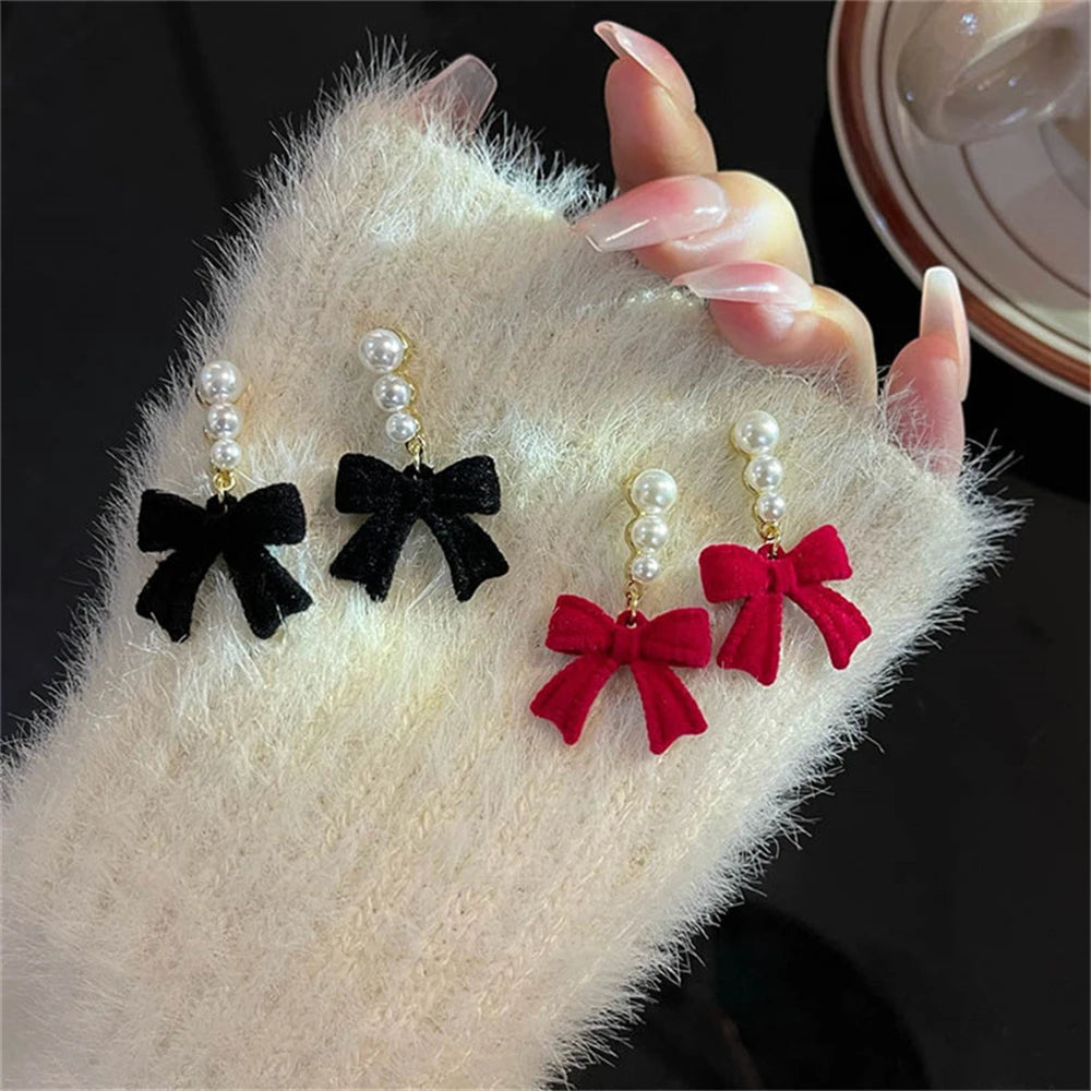 Red Black Bowtie Earrings for Women Girls Simulated Pearl Cloth Bow Tie Earrings Jewelry Ear Accessories Beautiful Gifts 933