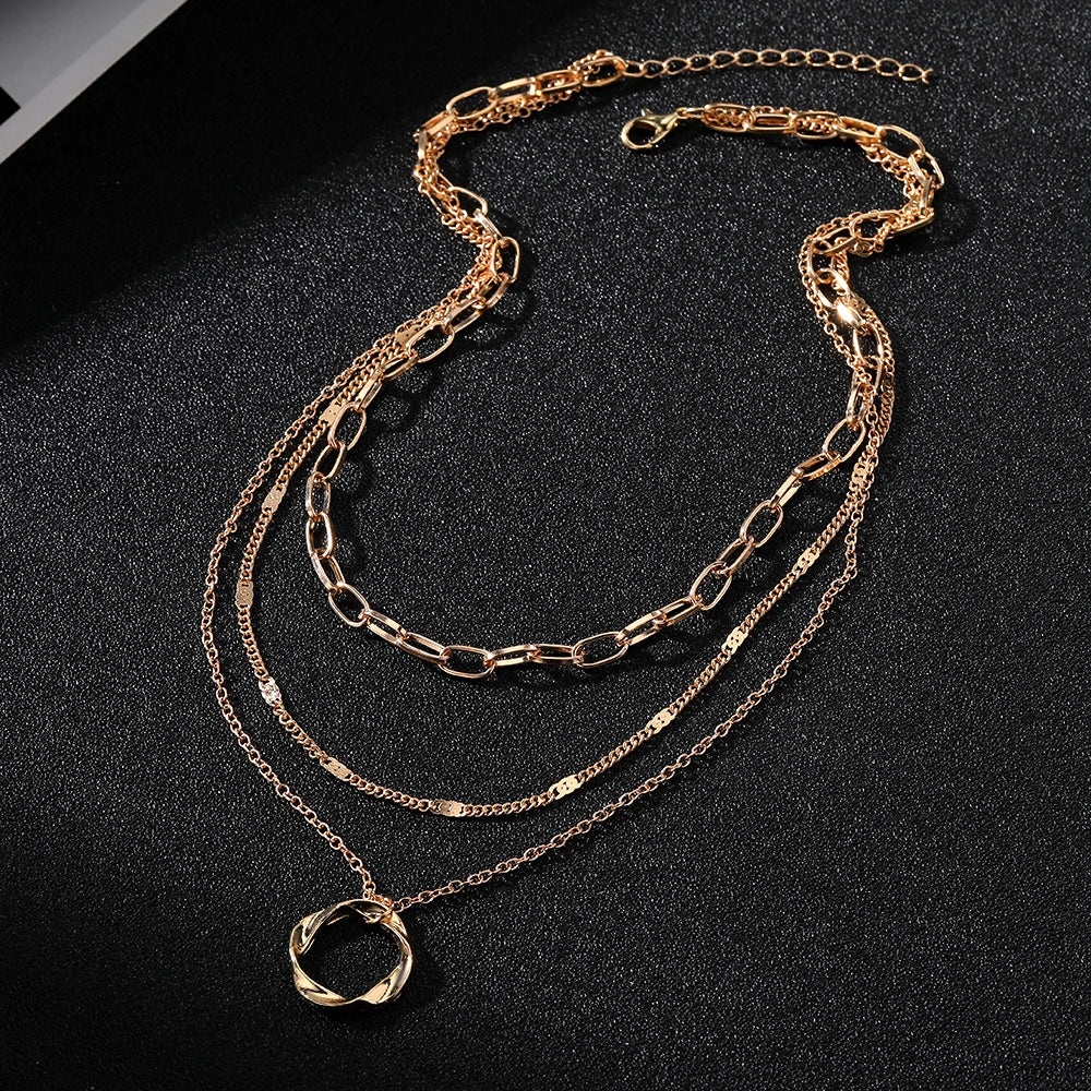 Multi Layered Chains Necklace with Circle Pendant 1001