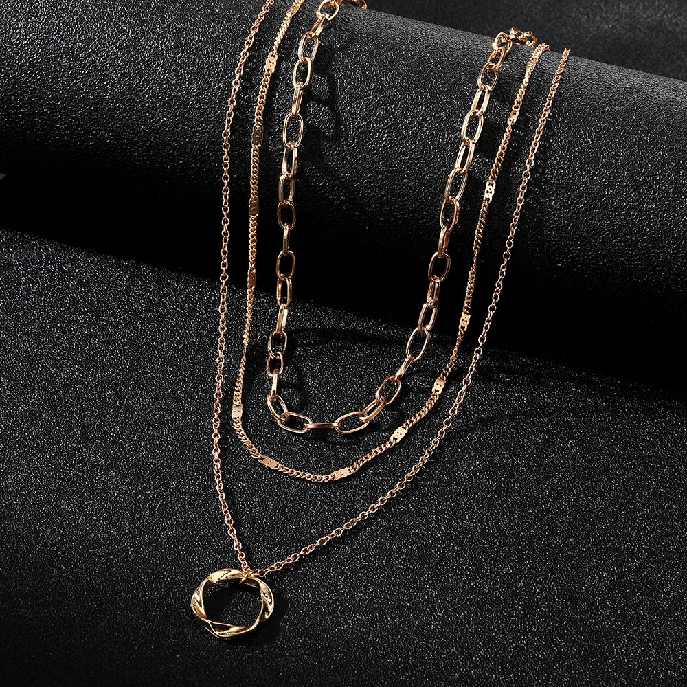 Multi Layered Chains Necklace with Circle Pendant 1001