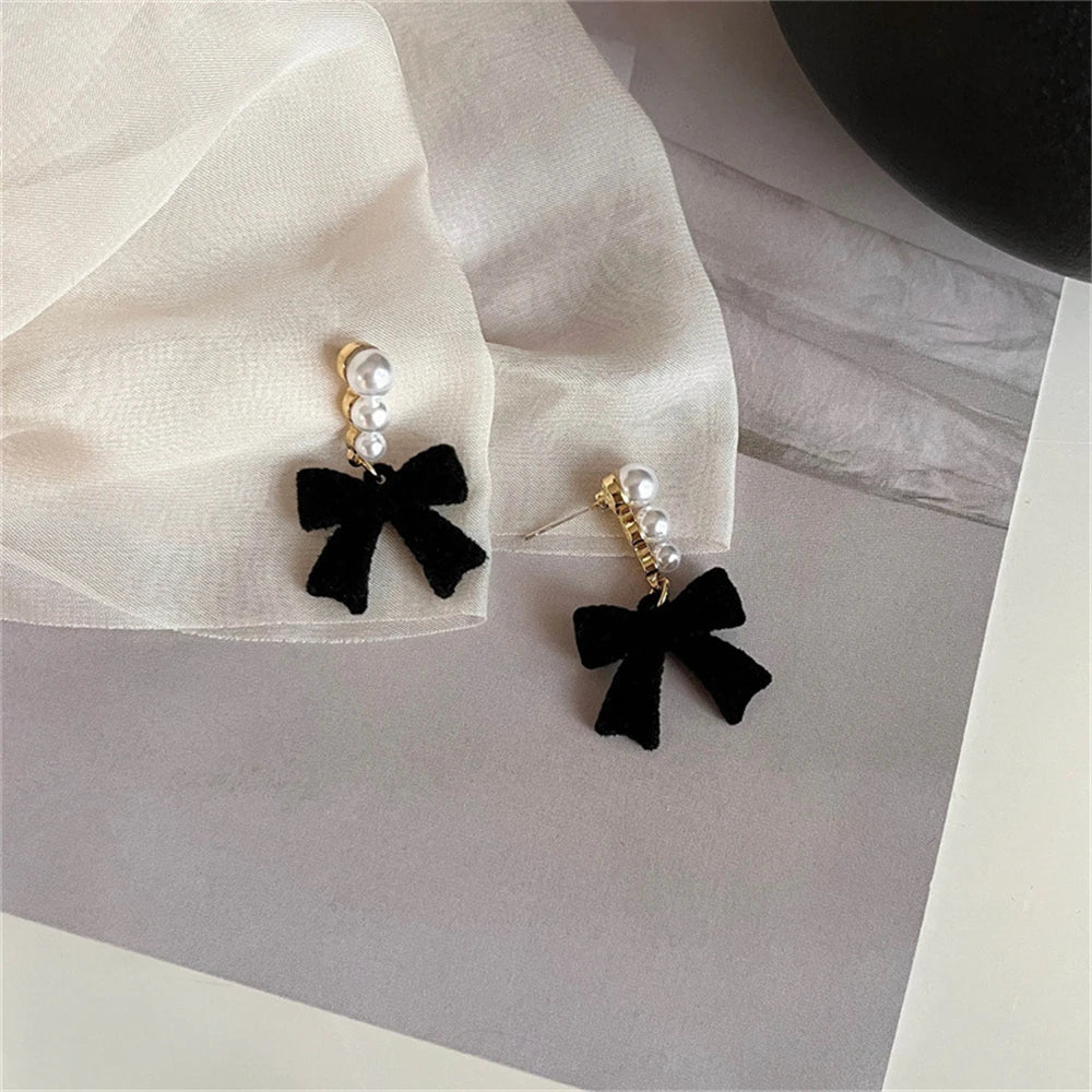 Red Black Bowtie Earrings for Women Girls Simulated Pearl Cloth Bow Tie Earrings Jewelry Ear Accessories Beautiful Gifts 933