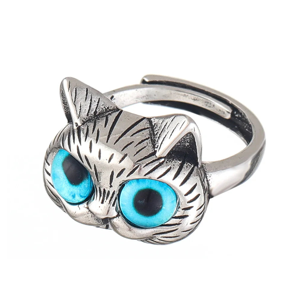 Fashion Halloween Silver Color Fat Cat Blue Eyes Cute Ring For Men Retro Blue Acrylic Couple Ring Women Party Jewelry Wholesale