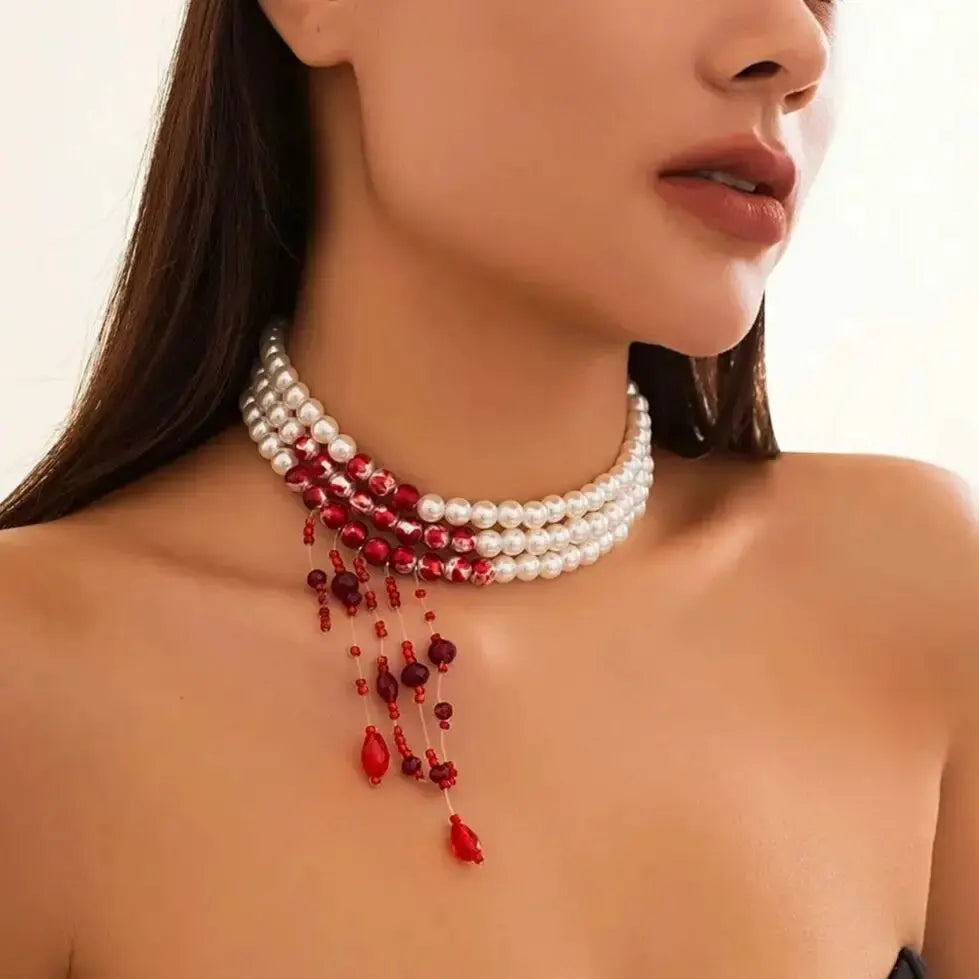 Halloween Vintage  Multilayer Pearl with Crystal Red Blood 949