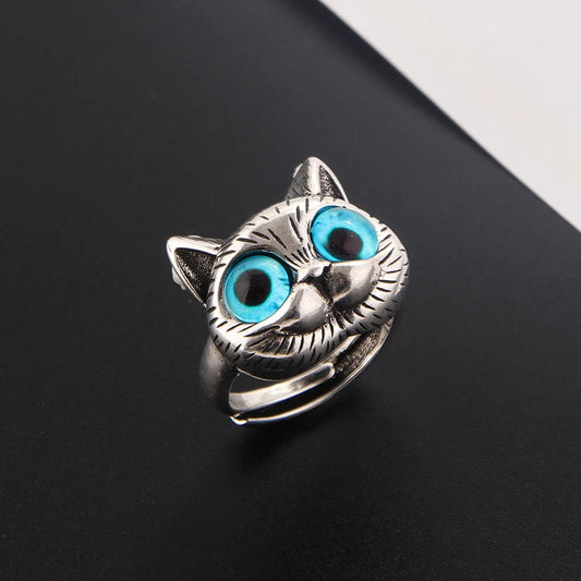 Fashion Halloween Silver Color Fat Cat Blue Eyes Cute Ring For Men Retro Blue Acrylic Couple Ring Women Party Jewelry Wholesale