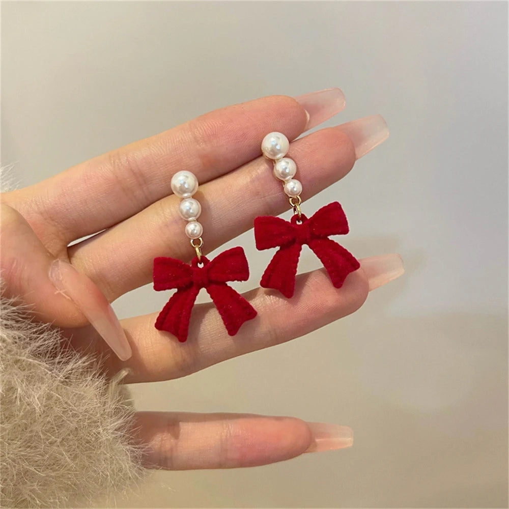 Red Black Bowtie Earrings for Women Girls Simulated Pearl Cloth Bow Tie Earrings Jewelry Ear Accessories Beautiful Gifts 933