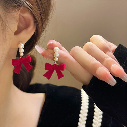 Red Black Bowtie Earrings for Women Girls Simulated Pearl Cloth Bow Tie Earrings Jewelry Ear Accessories Beautiful Gifts 933