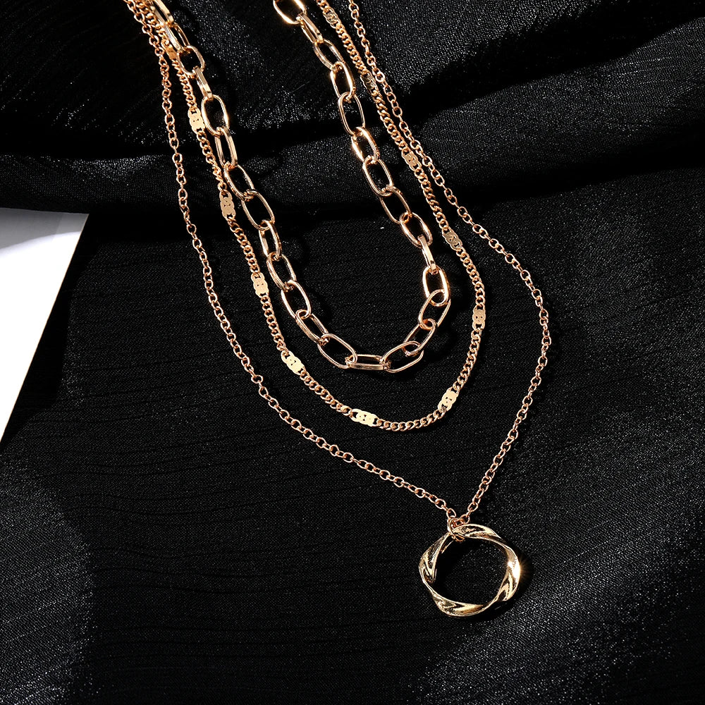 Multi Layered Chains Necklace with Circle Pendant 1001